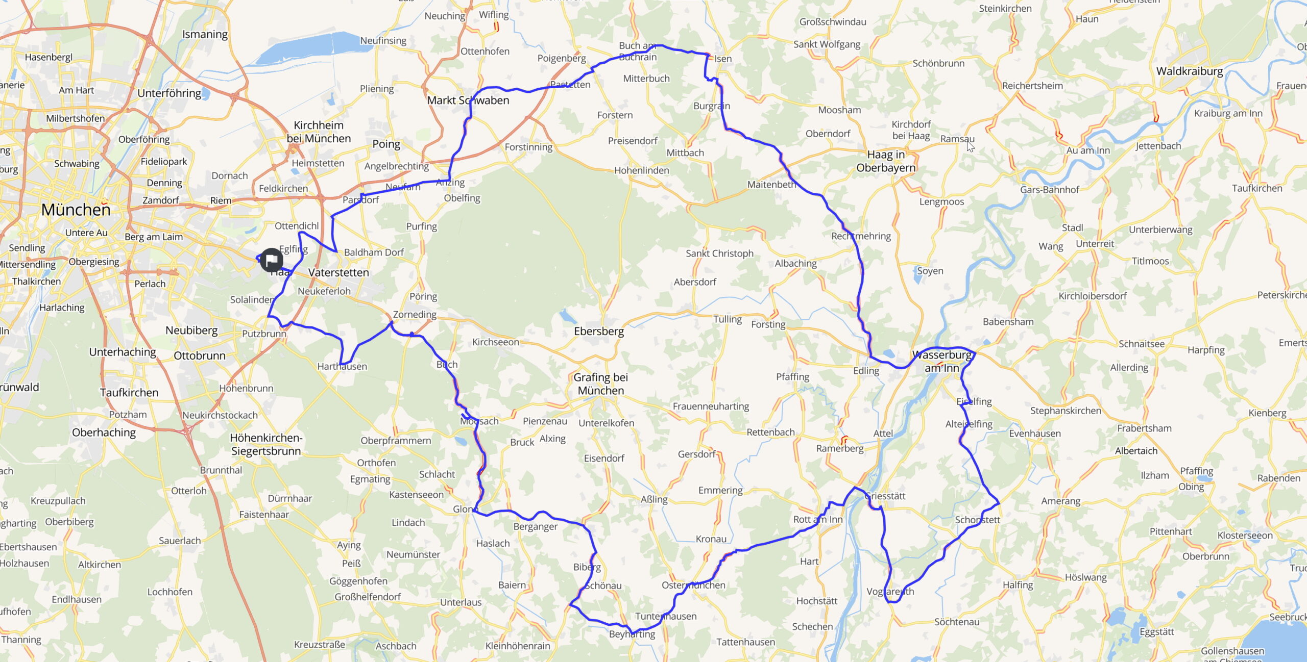 Etwa 150km, einmal über den Inn und zurück. (Screenshot calimoto.com)